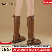 达芙妮(DAPHNE)棕色马丁靴女鞋子复古厚底美式西部牛仔靴长筒靴 棕色 35