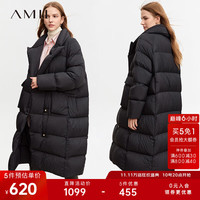 AMII2023冬新加厚长款宽松西装领大口袋暗扣开襟羽绒服女 黑色 155/80A/S