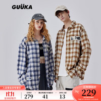 古由卡（GUUKA）美式复古格子长袖衬衫男秋潮 毛边磨破设计衬衣外套宽松 黄格C60414 S