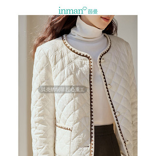 茵曼（INMAN）夹棉菱形格小香风外套2023冬女装圆领织带长袖上衣 米白 XL