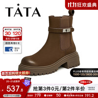 TATA 他她 英伦厚底切尔西靴女加绒弹力短靴烟筒靴2023冬商场同款W3M01DZ3 啡色(单里) 39