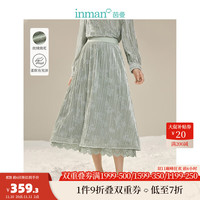 茵曼（INMAN）田园中式丝绒半身裙2023冬女装松紧腰花边摆A字裙 灰绿色 XL