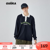 古由卡（GUUKA）复古回潮POLO领长袖T恤男 15周年POLO上衣舒适时尚宽松百搭 黑色 S