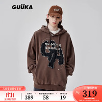 古由卡（GUUKA）美式街头重磅连帽卫衣男秋 潮牌慵懒风牛仔刺绣帽衫宽松休闲 深咖 S