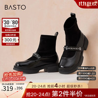 百思图23冬商场法式玛丽珍连袜靴弹力皮靴粗跟女短靴VUM03DD3 黑色 34