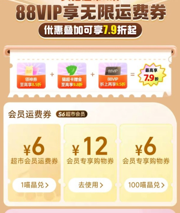 天猫超市 喵晶兑换 兑6/12元会员专享购物券