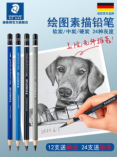 STAEDTLER 施德楼 100蓝杆黑杆铅笔素描绘画碳笔书写绘图素描2h6b8b12b软中硬绘图hb幼儿铅笔速写2比铅笔