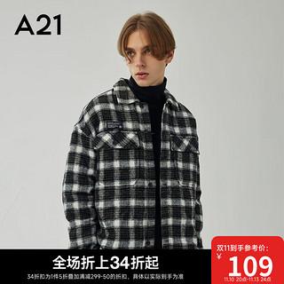 A21格子棉服男装秋冬梭织呢料宽松时尚棉衣百搭翻领长袖夹棉外套 黑色 175/88A(L)