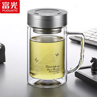富光 健牌双层玻璃杯透明带盖茶杯办公杯带把 大容量男女水 700B-520ml