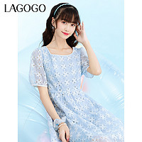 La·go·go 拉谷谷 Lagogo拉谷谷2023年夏季新款方领a字高腰甜美短袖连衣裙女泡泡袖