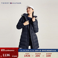 TOMMY HILFIGER秋冬女圆章刺绣鸭绒中长户外保暖毛领连帽羽绒服外套37487 藏青色DW5 S