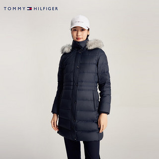 TOMMY HILFIGER秋冬女圆章刺绣鸭绒中长户外保暖毛领连帽羽绒服外套37487 藏青色DW5 S