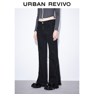 URBAN REVIVO UR冬女装时尚休闲复古时髦毛边喇叭牛仔长裤UWV830075 正黑 26