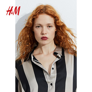 H&M女装上衣翻折领微光泽大廓形上衣1151243 米灰色/黑色条纹 170/104A