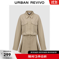 UR冬女装时尚气质休闲设计感压褶翻领连衣裙UWU730050 卡其 S