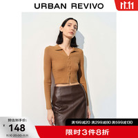 UR冬女时尚休闲翻领肌理感紧身小小织针织衫UWH930034 卡其 XL