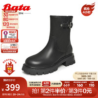 Bata 拔佳 时装靴女英伦风粗跟牛皮通勤百搭短筒靴18651DZ3 黑色 34