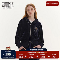 Teenie Weenie小熊冬宽松短款丝绒连帽开衫卫衣保暖女 藏青色 160/S