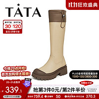 他她（TATA）时尚撞色方跟长靴时装靴女鞋DWAT1DG3 杏色 35