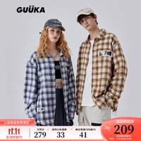 古由卡（GUUKA）美式复古格子长袖衬衫男秋潮 毛边磨破设计衬衣外套宽松 黄格C60414 XS