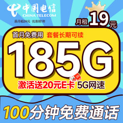 CHINA TELECOM 中国电信 长期宝卡 首年19元月租（185G全国流量+100分钟通话+首月免月租）激活赠20元E卡