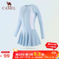 骆驼 CAMEL连体泳衣女遮肚显瘦保守温泉装性感长袖防晒大码三亚游泳衣 Y1S1VZ901，瓷秘蓝/白色，女 S