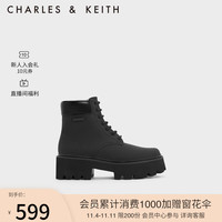 CHARLES&KEITH系带机车靴马丁靴女CK1-90380143 Black黑色 38