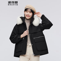 波司登BOSIDENG女一手长派克羽绒服毛领连帽小个子外套 黑色8056 170/92A体重约130-150斤