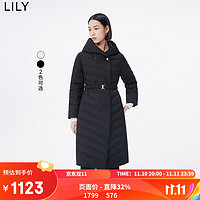 LILY2023冬女装保暖鹅绒时尚通勤显瘦腰带长款连帽羽绒服外套 510黑色 XS