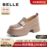 百丽厚底JK乐福鞋女牛皮革通勤单鞋A4Q2DCA3 杏色 39