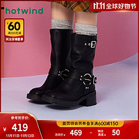 热风冬季女士时尚休闲靴显瘦长筒靴西部靴高筒靴复古长靴 01黑色 34(正码)