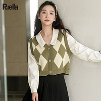 Puella 拉夏贝尔Puella假两件格子衬衫女长袖设计感小众复古短款针织上衣