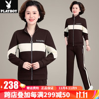 花花公子装拼色外套休闲运动服套装开衫两件套中老年女装 LJF-3166咖色/米【两件套】 4XL150-165斤