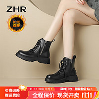 ZHR马丁靴女冬季便捷侧拉链时尚潮流靴子女圆头英伦风女靴 P16A加绒黑色 40