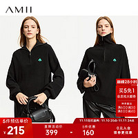 AMII 2023冬休闲拉链翻领两穿绣花毛衣女宽松落肩袖上衣 黑色 170/92A/XL