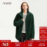 AMII2023冬翻领仿羊羔绒字母绣花拉链外套女宽松落肩袖上衣 墨绿 165/88A/L