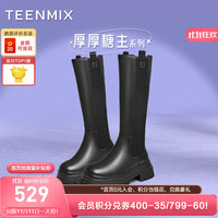 天美意靴子粗跟高筒靴子时髦百搭时装靴女长靴冬加绒NQX32DG3 黑色 37