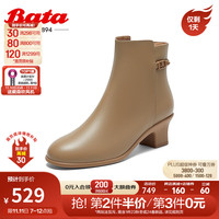Bata时装靴女2023冬商场羊皮软底通勤百搭粗跟短筒靴AWN48DD3 杏啡 38