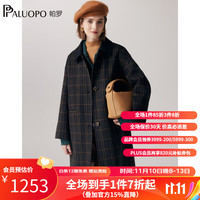 帕罗（PALUOPO）羊毛格纹毛呢大衣复古外套女士秋冬大衣翻领气质外搭 23107 黑灰格 S