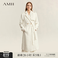 AMII2023冬奢雅名媛感香风粗花呢配腰带毛呢外套女长款上衣 米白 155/80A/S