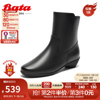Bata时装靴女2023冬商场牛皮通勤百搭粗跟软底短筒靴AIK61DZ3 黑色-单里 35