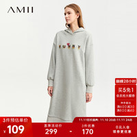 AMII2023冬温暖舒适字母印花连帽不倒绒连衣裙女加绒卫衣裙子 花灰 160/84A/M
