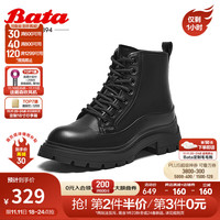 Bata 拔佳 马丁靴女牛皮英伦风百搭牛皮粗跟短筒靴VSG08DD3 黑色 34