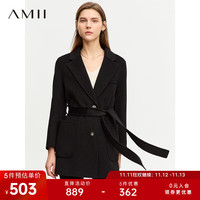 AMII2023冬高级通勤气质西装领全羊毛配腰带双面呢女上衣外套 黑色 160/84A/M