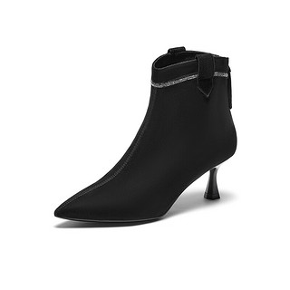 百思图23冬商场洋气尖头小踝靴黑色皮靴细高跟女短靴RRJ7CDD3 黑色宽版 34