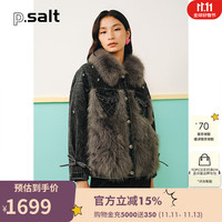 诗篇可颜女装翻领钉珠狐狸毛拼接牛仔外套鹅绒服皮草 灰色 40