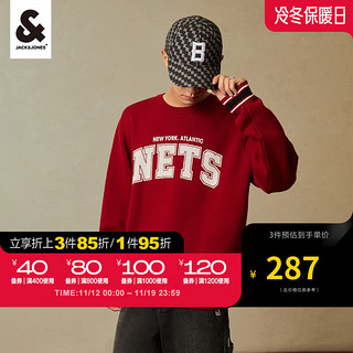 杰克·琼斯（JACK&JONES）23冬季新NBA联名蓝网队潮流宽松圆领字母织花长袖针织衫223425019 F16酒红色 175/96A/M