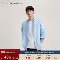 TOMMY HILFIGER 男装舒适亚麻简约小绣标尖角扣休闲长袖衬衫外套XM0XM01853 天蓝色C1S M(：135-150斤)
