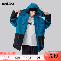古由卡(GUUKA)潮牌中长款拼接棉服男冬季 青少年保暖防风袖连帽外套宽松 蓝绿 XXL