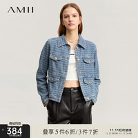 AMII丹宁风翻领肌理感提花牛仔服外套女金属徽章扣上衣 蓝色 155/80A/S